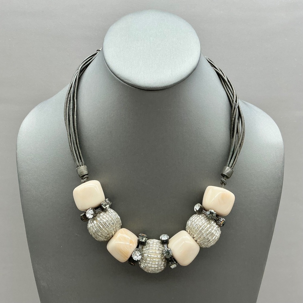 Chico's Necklace Women Cream Multi Strand Beaded Rhinestone Chunky Statement
